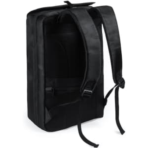 A black document bag backpack featuring padded straps and a structured design. It includes a logo on the front.