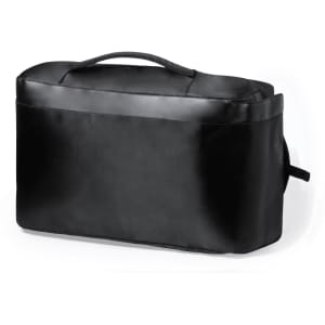 A black document bag backpack with a rectangular shape and handle on top, featuring a logo.
