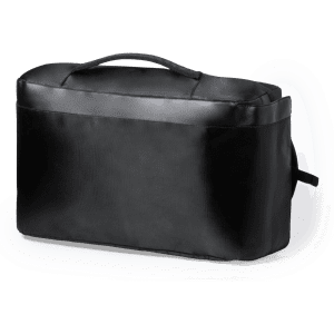 A black document bag backpack with a sturdy handle and a sleek design. It has a logo on the side.