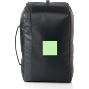 A black document bag backpack featuring a square area. The bag includes a handle and has a branding logo.