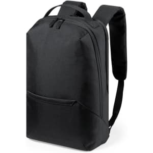 A black backpack with a sleek design, featuring two zipped compartments and a front pocket. It has adjustable straps and a logo.