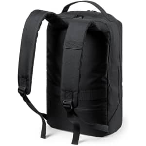 A black backpack with adjustable straps and a sleek design, featuring a branding logo.