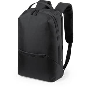 A black backpack with a sleek design, featuring a front pocket and adjustable straps, includes a logo.