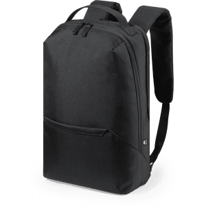 A sleek black backpack featuring a zip closure, side pocket, and padded shoulder straps. It has a logo on the front.