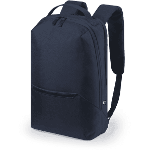 A navy backpack with structured design, featuring adjustable straps and a front pocket, along with a logo.