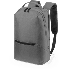 A grey backpack with a structured design, featuring zippered compartments and a front pocket.