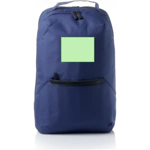 A navy blue backpack with a front pocket and a logo. The bag features a sleek, minimalist design.