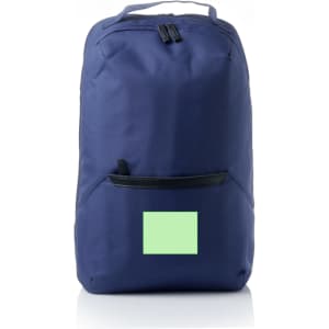 A navy blue backpack with a front pocket and a blank area for branding, featuring a simple, modern design.