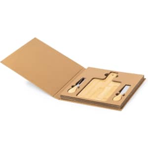 A bamboo cheese board set featuring two cheese knives, all presented in a cardboard case.