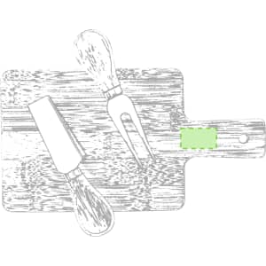 A wooden cheese board accompanied by a cheese knife and a cheese fork, featuring a green accent on the handle.