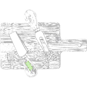 A cheese knife set featuring a wooden board, a cheese knife, and a cheese fork, with a green accent on the knife handle.