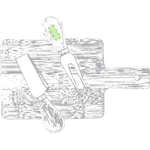 A wooden cheese board with a knife and fork set, featuring light wood tones and carved handles, alongside a logo.