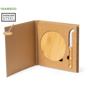 A bamboo cheese board and stainless steel knife set, featuring a natural finish and a compact, book-like design.