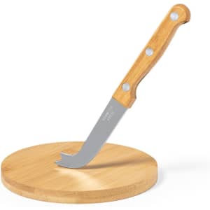 A bamboo cheese board with a stainless steel cheese knife featuring a wooden handle. Includes a logo.