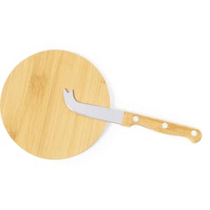 A bamboo cheese board with a stainless steel cheese knife featuring a wooden handle. Includes a logo.