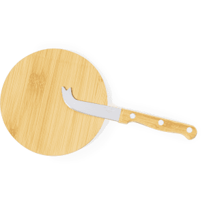 A bamboo cheese board and knife set with a wooden handle, featuring a curved blade for cutting cheese.