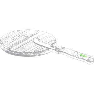 A cheese knife with a wooden board, featuring a curved blade and a handle, predominantly in light wood tones.