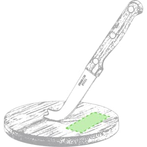 A cheese knife with a wooden handle rests in a circular wooden cheese board. The board features a logo.
