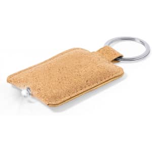 A cork keyring with a metallic keyring attachment and a small LED light feature.