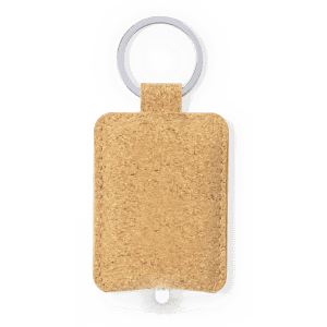 A cork keyring in a rectangular shape, featuring a metal keyring attachment at the top.