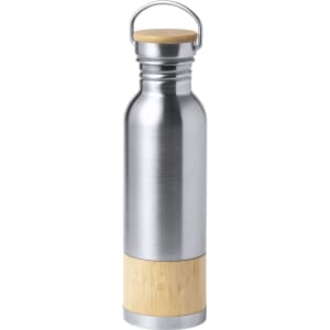 A drink bottle with a stainless steel body and a bamboo base, featuring a wooden lid and a metal handle.