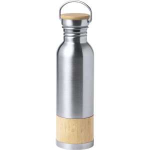 A drink bottle with a stainless steel body and a bamboo base, featuring a metal cap and handle.