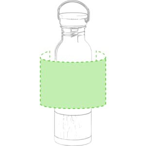 A drink bottle with a metal cap and a green sleeve. The bottle is transparent with a cylindrical shape.