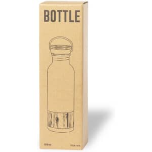 A drink bottle in a cardboard box, featuring a simple design with a logo, primarily in natural tones.