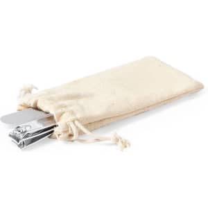 A beige fabric pouch containing metallic manicure tools, including nail clippers and a nail file.