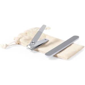 A nail clipper and nail file in a beige pouch. The clipper is silver, and the file has a grey finish.