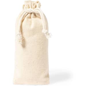 A cream-coloured fabric pouch with a drawstring closure, ideal for storing items. It features a simple design.