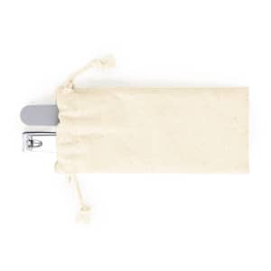 A beige pouch containing a silver nail clipper and grey nail file, featuring a drawstring closure.
