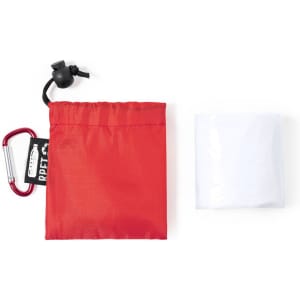 A red carry pouch with a carabiner and a white poncho inside. The pouch features a drawstring closure.