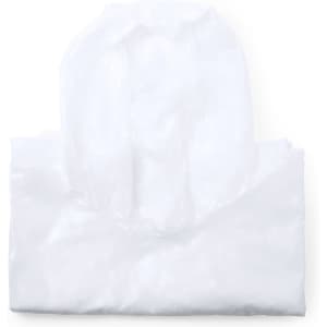 A white poncho raincoat neatly folded, featuring an attached hood and a simple design, with a logo visible.