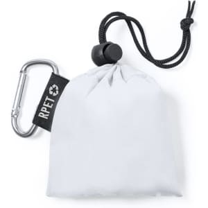 A compact, white Brinek Raincoat packed into a small pouch with a carabiner clip and adjustable drawstring.