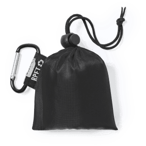 A compact black pouch with a carabiner, featuring a drawstring closure for easy portability.