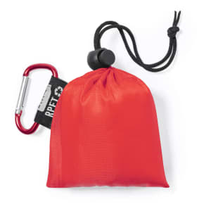 A red compact poncho stored in a pouch with a drawstring and carabiner clip.