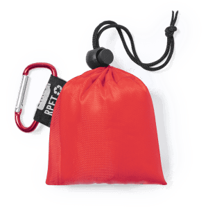 A compact red pouch with a drawstring and a carabiner attached, suitable for storing items.