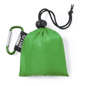 A green raincoat packed in a small pouch, featuring a carabiner and pull cord for easy carrying.