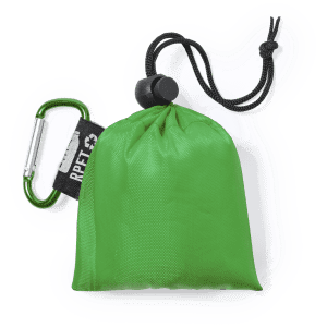 A green Brinek Raincoat compactly packed in a pouch with a drawstring and a carabiner attached.