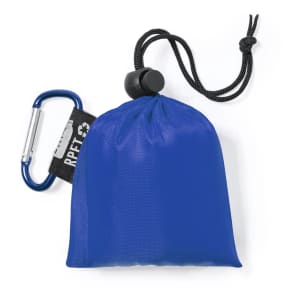 A blue compact raincoat pouch with a drawstring and a carabiner attached. It has a branding logo.