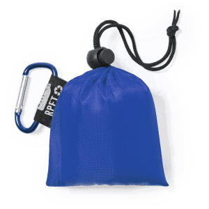 A blue poncho packed in a drawstring pouch, featuring a black carabiner for attachment.