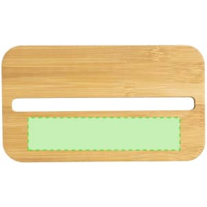 A bamboo lunch box with a rectangular shape and a green placeholder area, featuring a slot on one side.
