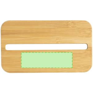 A bamboo lunch box with a green removable insert and a slot for easy handling. It has a smooth, natural finish.