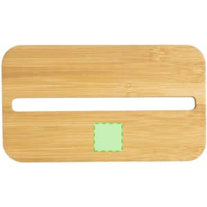 A bamboo lunch box with a green logo area, featuring a rectangular shape and a cut-out handle.