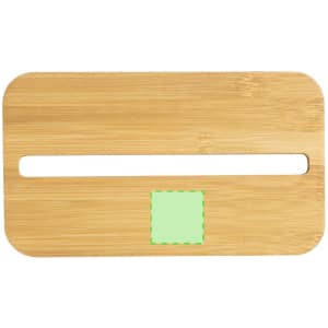 A bamboo lunch box with a rectangular shape, featuring a green square area and a narrow slot.