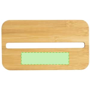 A bamboo lunch box with a rectangular design and a green accent section. It has a small opening at the top.