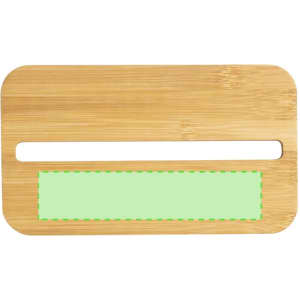 A bamboo lunch box with a light green insert and a slot for easy carrying. Features a smooth, natural finish.