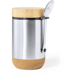 A stainless steel lunch box with a natural bamboo lid and cork base, featuring a spoon attached to the side.