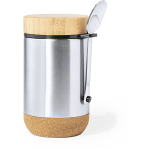 A stainless steel lunch box with a bamboo lid and cork base, featuring a silver spoon attached.